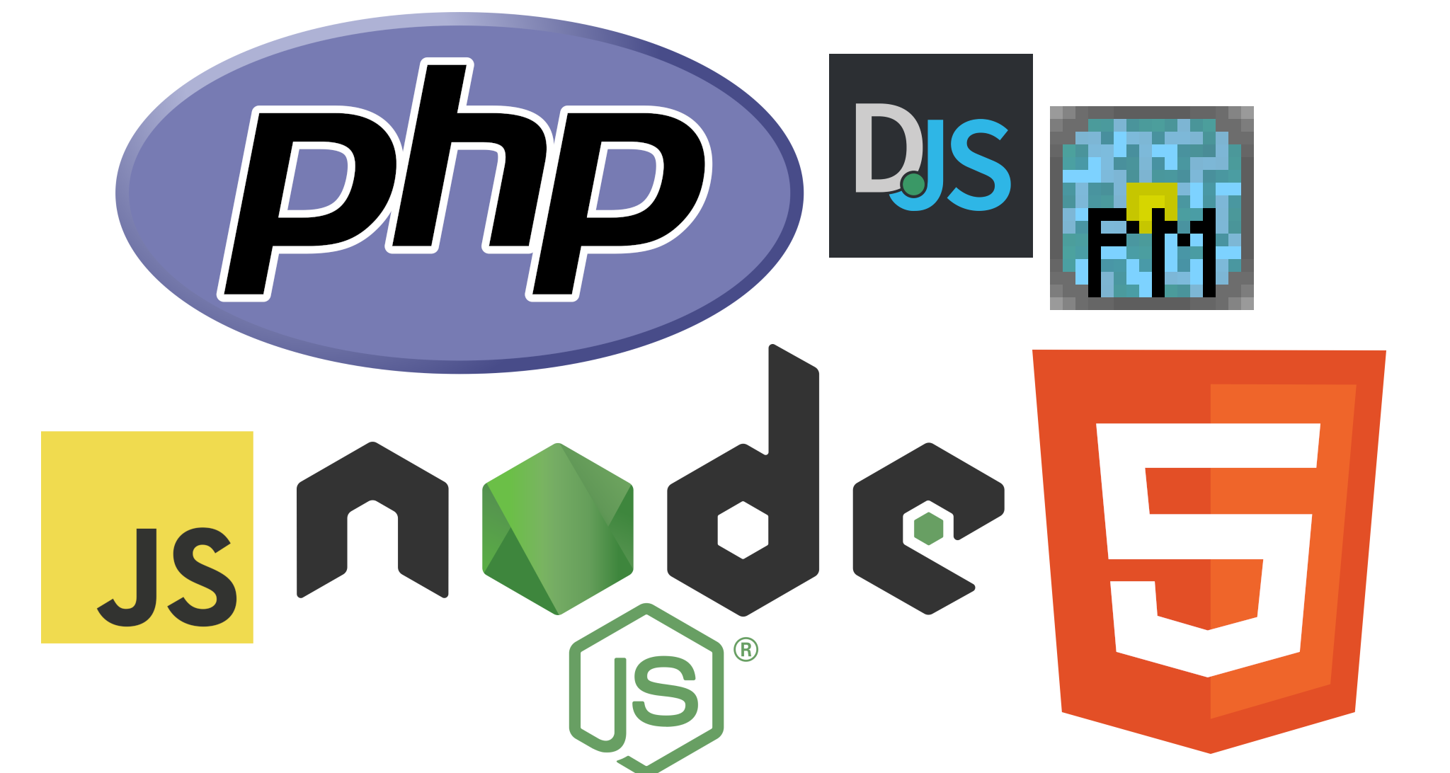 Logos of some of the technologies I have experience with (PHP, DJS, NodeJS, PocketMine-MP).